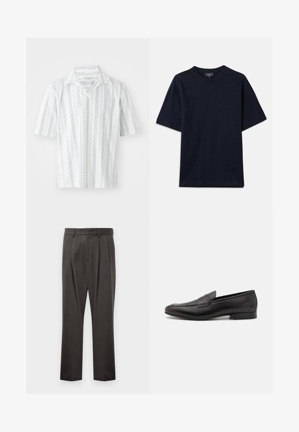 Trumpas rankovės marškiniai balto audinio su plonomis tamsiai mėlynomis vertikaliomis juostelėmis ir taškeliais. Yra klasikinio apykaklės dizainas ir laisvas kirpimas.; Tamsiai mėlyna marškinėliai su tekstūruotu raštu, apvaliu iškirpimu ir trumpomis rankovėmis. Diskretiškas logotipo detalė krūtinėje, pagaminti iš minkštos medvilnės audinio.; Tamsiai pilki kelnės, pagamintos iš tekstūruoto audinio, su plokščiu priekiniu pjūviu, klostėmis, tiesiomis kojomis ir diržo kilputėmis. Matomų metalinių detalių ar raštų nėra.; Juodi odiniai loafersai su šiuolaikiniu dizainu, apvaliu smailiu ir žemu pakeltu kulnu. Apatinėje dalyje yra dekoratyvinis siuvinėjimo detalė.