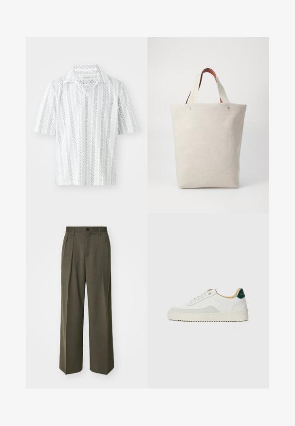Short-sleeve shirt in white fabric with thin navy vertical stripes and dotted patterns. Features a classic collar and relaxed fit.; Light beige t-shirt made of cotton, featuring a large embroidered eagle logo in grey and black on the chest. Short sleeves, relaxed fit.; Filippa K WIDE TROUSERS - Trousers - driftwood; White sneaker with suede accents, rounded toe, flat laces, and a cream rubber sole. Features green branding on the heel.; Tote bag in light beige fabric with a textured finish, featuring two contrasting brown leather handles and metal accents at the top.
