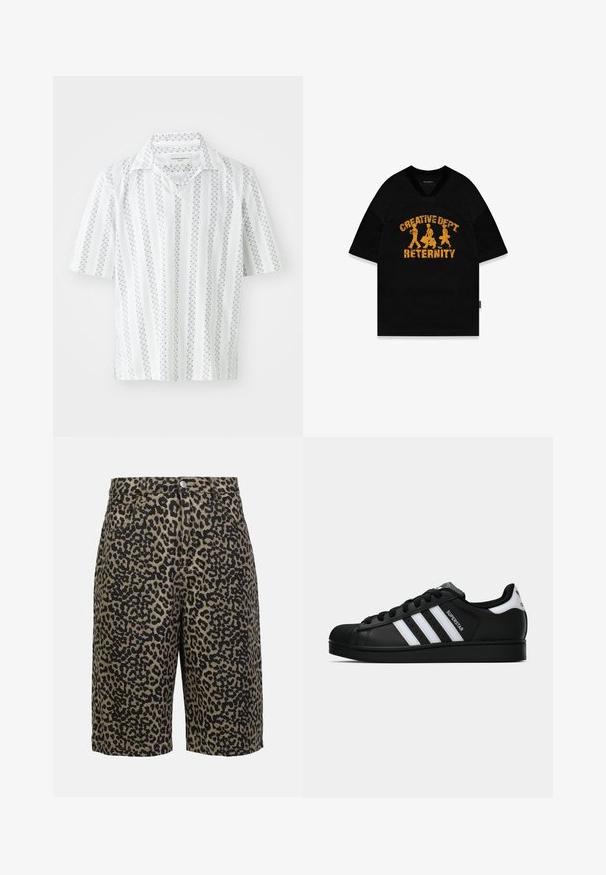 Lühikeste varrukatega särk valgest kangast, millel on peened tumesinised vertikaalsed triibud ja täpilised mustrid. Sellel on klassikaline krae ja lõdvem sobivus.; Must värviline lühikeste varrukatega T-särk, millel on kirjas "CREATIVE DEPT RETERNITY" kulunud kollases kirjas ja kolm figuuri, disainitud võrkkangast.; Leopardimusteriga denim-lühikesed püksid maalikates toonides, varustatud nööpe closure, viie tasku ja relaxed fit'iga.; Mustad musta värvi Adidas Superstar toss, millel on valged triibud, koonuseline varvas ja küljes "Superstar" tekst, esitatud külgvaates valgel taustal.