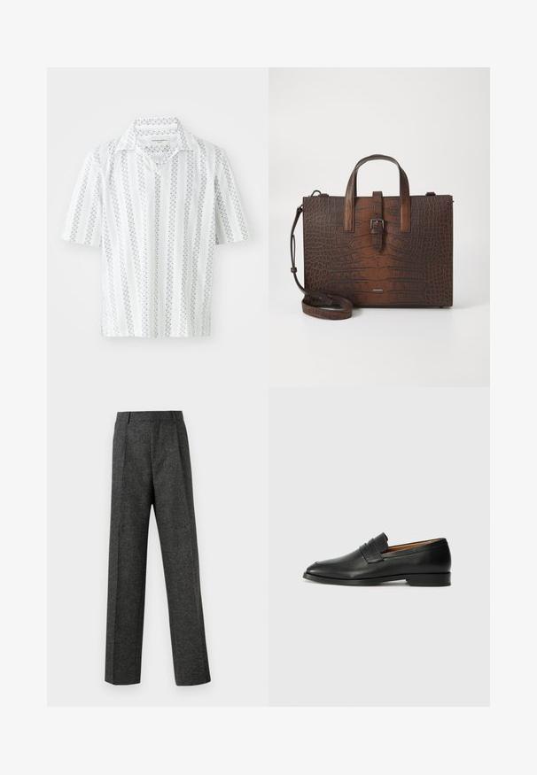 Short-sleeve shirt in white fabric with thin navy vertical stripes and dotted patterns. Features a classic collar and relaxed fit.; Gray tailored trousers made of textured fabric, featuring two front pleats and a straight-leg design. No visible pockets or embellishments.; Black leather loafer with a rounded toe, subtle stitched detailing, and a low heel, featuring a smooth texture and minimalist design.; Brown crocodile-embossed leather handbag with top handles and a detachable shoulder strap. Features a buckle closure and rectangular shape.