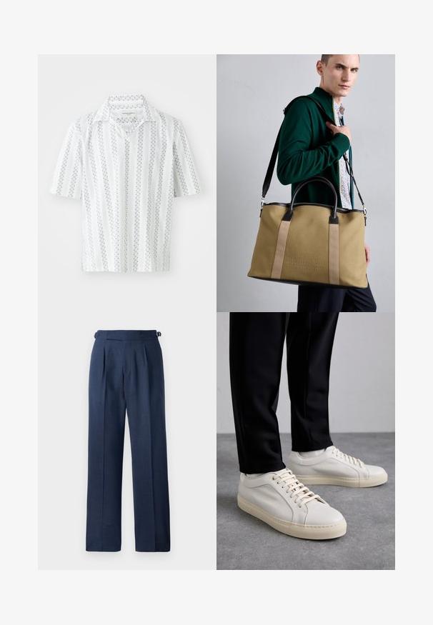 Camisa de manga corta de tela blanca con finas rayas verticales en azul marino y patrones de puntos. Presenta un cuello clásico y un corte relajado.; Pantalones ajustados azul marino, confeccionados en tela texturizada, con una cintura alta, pinzas y tirantes laterales ajustables para un mejor ajuste.; Zapatillas de cuero color beige claro con cordones planos, una superficie texturizada y una suela de goma color crema en contraste, combinadas con pantalones negros ajustados.; Bolsa de lona beige con acentos de cuero oscuro, que cuenta con asas dobles y una correa de hombro ajustable; detalle del logo en relieve en la parte frontal.
