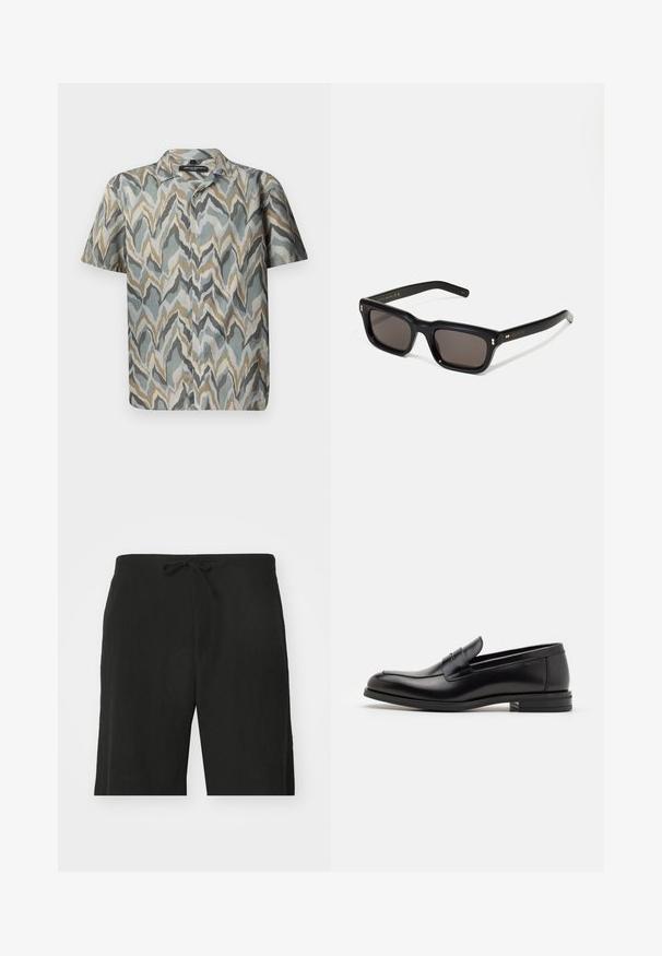 Košile s krátkým rukávem se vzorem připomínajícím vlny v odstínech modrozelené, šedé, béžové a zlaté. Vyrobena z lehkého materiálu s knoflíkovým zapínáním vpředu.; Černé lněné kraťasy s páskem na stažení, nabízející uvolněný střih a délku ke kolenům. Hladká textura, jednoduchý a klasický styl.; Černé kožené polobotky s hladkou texturou, zaoblenou špičkou a zdobným páskem přes nárt. Nízký stohovaný podpatek, minimalistický design.; Černé obdélníkové sluneční brýle s tmavými skly, silným plastovým rámem, zlatými akcenty na spáncích a vyrytým logem značky na nožičce.