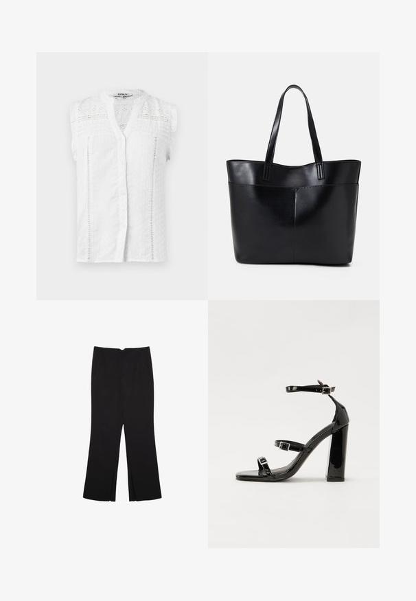 Blusa bianca senza maniche con bottoni frontali, tessuto testurizzato, dettagli in pizzo e spalle fruscio. Presenta un colletto classico e pattern delicati.; Pantaloni neri a gamba dritta, con tasche frontali e spacchi laterali all'orlo. Realizzati in tessuto morbido e liscio. Adatti a diverse occasioni.; Sandali con tacco in vernice nera, con punta squadrata, cinturini alla caviglia e fibbie in argento. Presentano un tacco a blocco spesso per maggiore stabilità.; Borsa a tracolla in pelle nera con due manici lunghi, una texture liscia e una forma strutturata. Presenta una tasca frontale per ulteriore spazio di archiviazione.