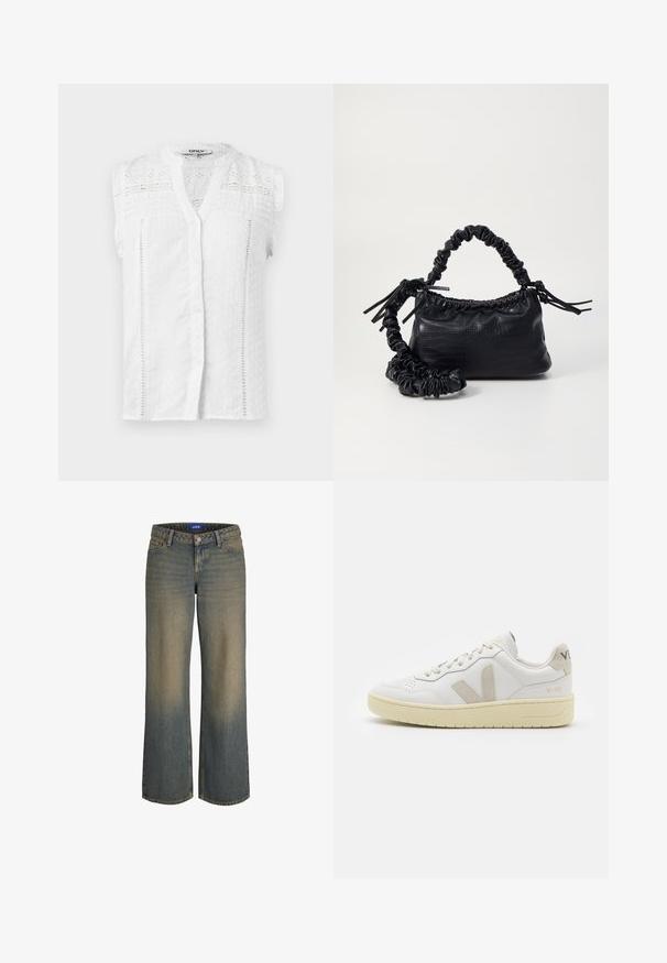 Bílá bezramínková blůza s knoflíkovým zapínáním vpředu, texturovaná tkanina, krajkové detaily a volánové ramena. Obsahuje klasický límec a jemné vzory.; Široké modré denimové džíny s gradientem od světlé k tmavé, designem s pěti kapsami a zapínáním na knoflíky. Šití podél okrajů.; Bílé kožené tenisky s béžovými semišovými akcenty, perforovanou špičkou, plochými tkaničkami a strukturovanou krémovou podešví. Obsahují jemné logo na patě.; Černá kabelka z umělé kůže s krokodýlím vzorem, staženým vrškem a zmačkaným popruhem. Zdá se, že má měkký a kompaktní design.