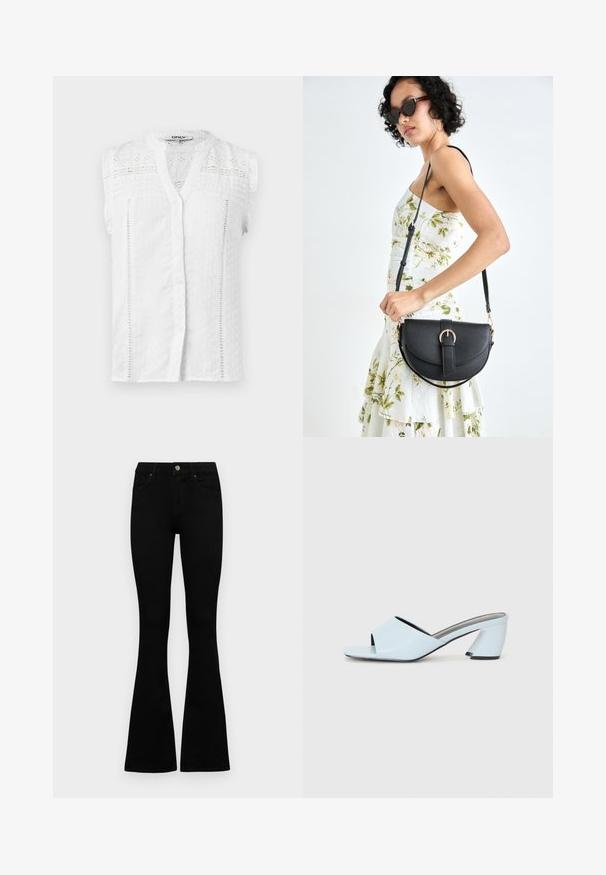 White sleeveless blouse with a button front, textured fabric, lace accents, and ruffled shoulders. Features a classic collar and delicate patterns.; Black high-waist jeans with a button and zip closure, front pockets, and flared legs laid flat on a white background.; Light blue open-toe heeled mules with a geometric design, featuring a wide strap across the foot and a chunky, angular heel.; Black leather handbag with a curved shape, detachable strap, and gold hardware. The bag features a flap with a buckle detail.