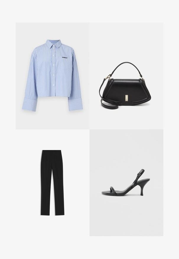 Cropped button-up shirt in light blue with white vertical stripes, featuring a pocket and logo on the chest, made of a smooth fabric.; Black tailored trousers with a straight-leg design, featuring front pockets and a smooth, textured fabric. Neat, minimal detailing.; Black leather high-heeled sandals with a slim, curved heel and a crossed strap design. Adjustable ankle strap. Smooth texture.; Black leather handbag with a structured design, featuring a cropped shape, top handle, and gold hardware accent. Adjustable shoulder strap included.
