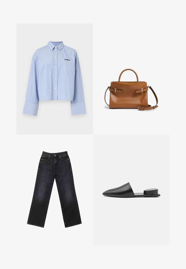 Camicia botton-up tagliata in azzurro chiaro con strisce verticali bianche, dotata di una tasca e logo sul petto, realizzata in un tessuto liscio.; Jeans in denim neri a vita alta con un taglio a gamba larga, design a cinque tasche e cuciture visibili. Il tessuto ha una finitura liscia e leggermente tessurizzata.; Mule in pelle nera senza lacci con punta appuntita, design minimal e accentuazione testurizzata sul tallone posteriore. Superficie liscia e suola piatta.; Borsa a mano in pelle marrone con design strutturato, manico superiore, tracolla rimovibile, hardware in tonalità argentata e superficie liscia.