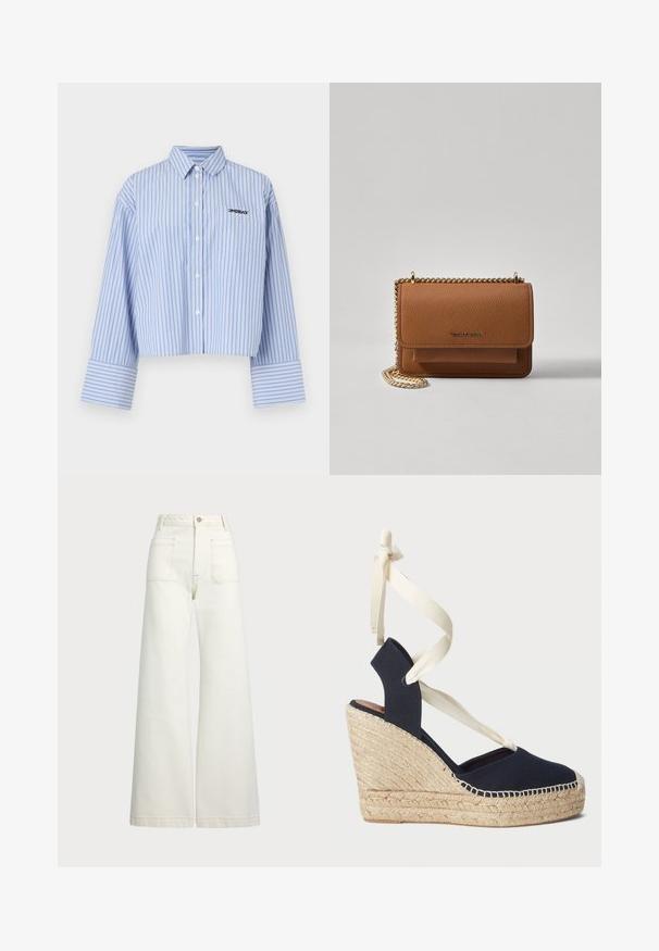 Félbevágott világoskék ing, fehér függőleges csíkokkal, zsebbel és logóval a mellkasán, sima anyagból készült.; Széles szárú farmernadrág off-white denim anyagból. Magas derekú dizájn, gombos záródással, két elülső zsebbel és kontrasztos varrási részletekkel.; Tengerészkék vászon wedge szandál espadrille kötésű talppal és krém színű szalagos megkötővel a bokán. Zárt sarokkal és kerek orral rendelkezik.; Barna textúrájú bőr keresztbody táska arany lánc pánttal és fedélzárral. Az elején logó részlet és egy zseb található a fedél alatt.