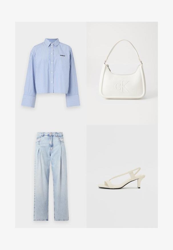 Cropped button-up shirt in light blue with white vertical stripes, featuring a pocket and logo on the chest, made of a smooth fabric.; Light blue denim jeans with a high waist, wide-leg cut, two side pockets, and pleated design feature. Soft texture with a faded finish.; Beige block-heeled sandals with thin straps and a square toe. Smooth material with minimal detailing, designed for easy wear.; White leather handbag with a curved shape, featuring an embossed "CK" logo on the front and a single shoulder strap. Zipper closure at top.