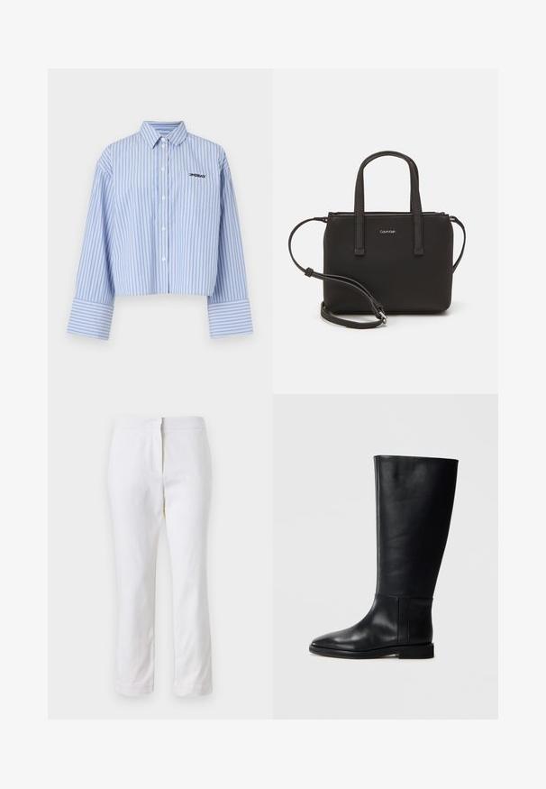 Kurzärmeliges Hemd in Hellblau mit weißen senkrechten Streifen, ausgestattet mit einer Tasche und einem Logo auf der Brust, aus einem glatten Stoff gefertigt.; Weiße Baumwollhose mit geradem Bein, mittelhoher Taille und ohne sichtbare Beschläge oder Muster. Glatte Textur auf der gesamten Fläche.; Schwarze Lederstiefel bis zum Knie mit runder Zehenform, glatter Textur, minimalistischem Design und flacher Sohle. Einfache Nahtdetails am Schaft.; Schwarze Handtasche mit zwei kurzen, doppelt geflochtenen Griffen und einem abnehmbaren Schulterriemen. Glattes, lederähnliches Material mit einem Reißverschluss und Logodetail.