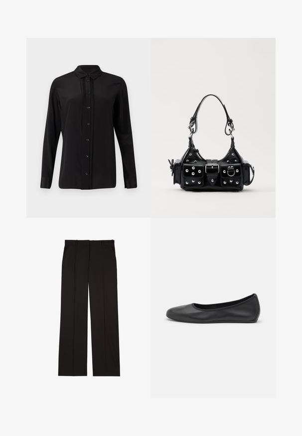 The Kooples CHEMISE - Camicia - black; Pantaloni neri su misura realizzati in un tessuto liscio, con un design a gamba dritta e due tasche laterali. Costruzione elegante e minimalista.; Pantofole da balletto nere in pelle con punta arrotondata, texture liscia, dettagli di cucitura minimi e design con suola flessibile.; Borsa a mano in pelle nera con design curvo, caratterizzata da borchie argentate, una fibbia e due tasche laterali. Tracolla regolabile per diverse opzioni di trasporto.