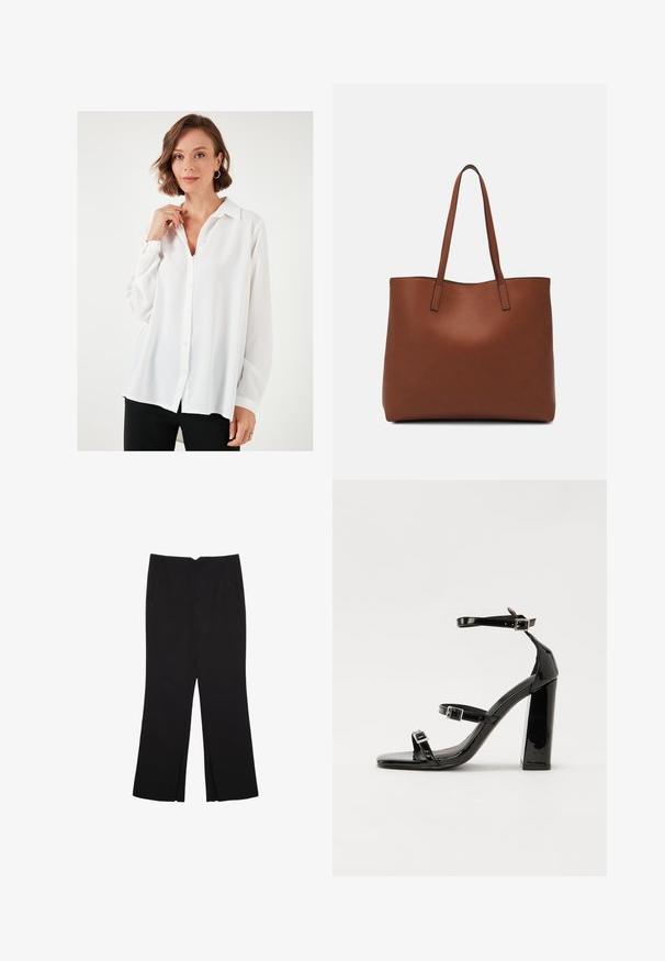 Woman with short wavy hair wearing gold hoop earrings and a loose white button-up shirt paired with black pants, standing against a white background.; Black trousers with a straight fit, featuring front pockets and side slits at the hem. Made of soft, smooth fabric. Suitable for various occasions.; Black patent heeled sandals with a square toe, ankle straps, and silver buckles. Features a chunky block heel for stability.; Brown leather tote bag with a smooth texture, open top design, and two shoulder straps. Features minimal stitching and no visible hardware.