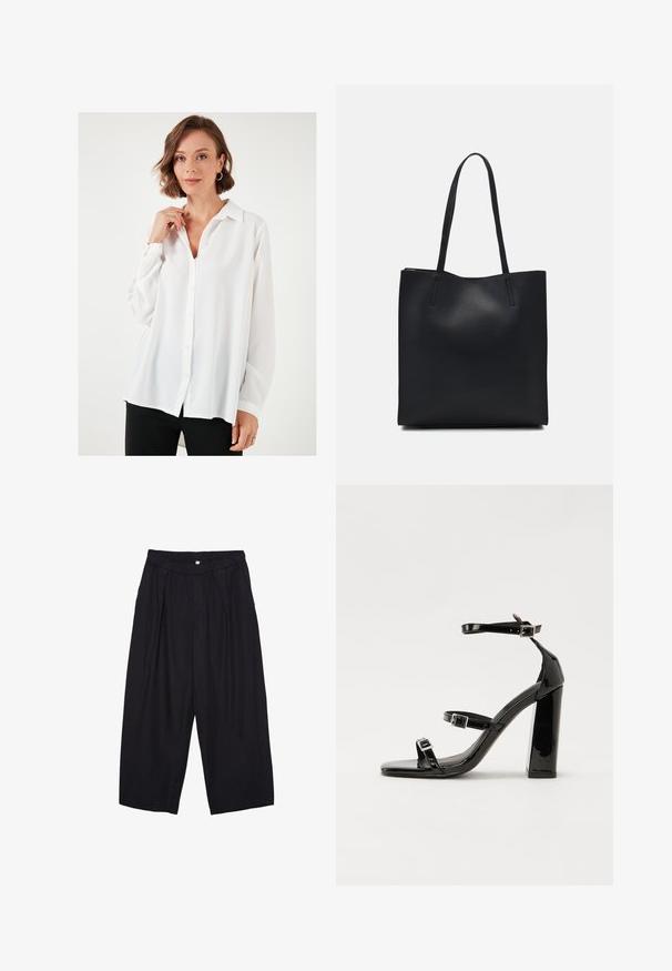 Frau mit kurzen, gewellten Haaren, die goldene Creolen und ein lockeres, weißes Hemd mit Knöpfen trägt, kombiniert mit schwarzen Hosen, vor einem weißen Hintergrund stehend.; Schwarze Polyester-Culotte mit einem elastischen Bund, zwei vorderen Falten und einer lockeren Silhouette. Keine sichtbaren Muster oder Hardware-Details.; Schwarze patentierte Sandalen mit Absatz, quadratischer Spitze, Knöchelriemen und silbernen Schnallen. Mit einem stabilen Blockabsatz für mehr Stabilität.; Schwarze Laptoptasche aus Leder mit glatter Textur, rechteckiger Form und zwei langen Griffen. Keine sichtbaren Beschläge oder Verzierungen.