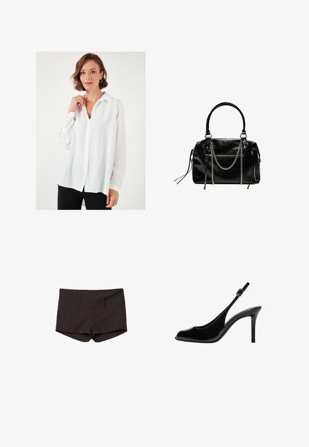 Kvinna med kort, vågig hår som bär guldörhängen i form av ringar och en lös vit skjorta med knappar som kombineras med svarta byxor, stående mot en vit bakgrund.; Svarta bomullsshorts med en figurnära design, som har en mjuk yta och två framfickor. Midje med medelhög höjd och inga synliga mönster.; Bershka WITH OPENING - Peeptoes - black; Bershka WITH CHAIN - Handväska - black