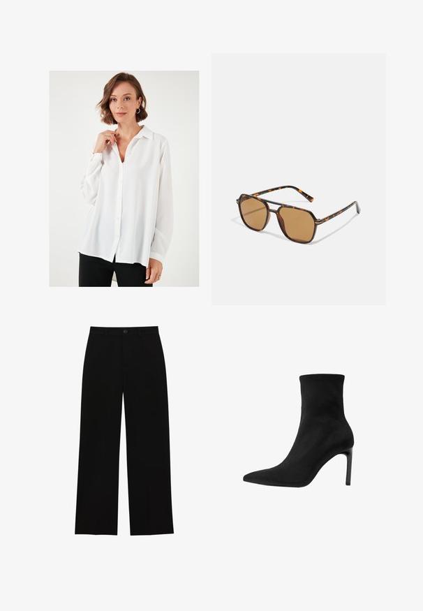 Frau mit kurzen, gewellten Haaren, die goldene Creolen und ein lockeres, weißes Hemd mit Knöpfen trägt, kombiniert mit schwarzen Hosen, vor einem weißen Hintergrund stehend.; Schwarze, hochtaillierte, weit geschnittene Hosen aus glattem Material, mit flacher Vorderseite, Knopfverschluss und ohne sichtbare Taschen.; Schwarzer Knöchelstiefel aus glattem Wildleder, mit spitzem Zeh und hohem Stiletto-Absatz. Schlankes, minimalistisches Design ohne Verzierungen.; Braun getönte Sonnenbrille mit einem Schildpatt-Rahmen, rechteckigen Gläsern und schlanken Bügeln, die ein orangefarbenes Akzentmuster aufweisen.; Braune Wildleder-Handtasche mit einem goldenen quadratischen Verschluss, einem oberen Tragegriff und einem Kettenriegel. Sie hat eine rechteckige Form und abgerundete Kanten.