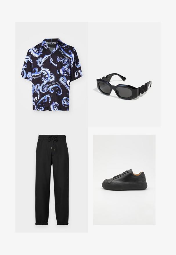Versace Jeans Couture ALL OVER - Camicia - nero/royal; Pantaloni sportivi neri realizzati in morbido tessuto, con vita elastica e cordino, gambe affusolate e polsini elasticizzati alle caviglie.; Sneaker in pelle nera con punta tonda, allacciatura frontale, superficie liscia, suola in gomma spessa e interno a contrasto color nocciola.; Occhiali da sole neri con una montatura ampia e angolare e lenti scure. Presentano lati neri testurizzati e un accento rotondo con logo sulla tempia.