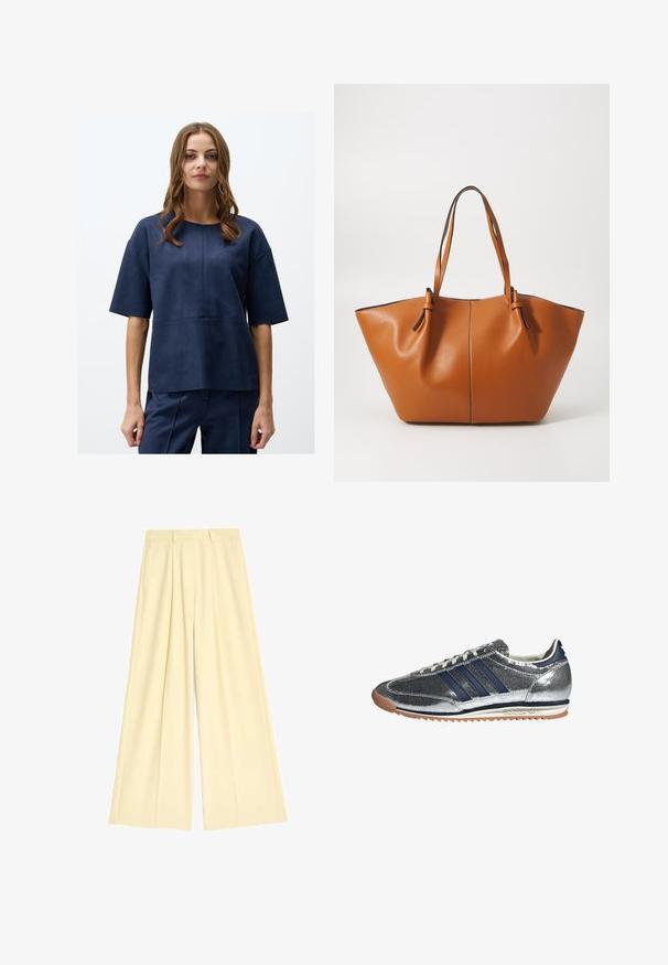 Top blu navy a maniche corte realizzato in un tessuto morbido con una superficie liscia. Presenta un colletto rotondo e dettagli di cucitura minimali.; Pantaloni a gamba larga in morbido tessuto giallo chiaro, caratterizzati da pieghe e una vita ben rifinita. Texture liscia, senza motivi visibili o accessori.; Sneaker sintetico argento con righe blu navy, punta tonda, fodera bianca e suola in gomma. Presenta una parte superiore testurizzata e chiusura con lacci.; Borsa a tote in pelle marrone con una forma ampia e angolare; presenta due manici lunghi e cuciture a contrasto lungo i bordi.