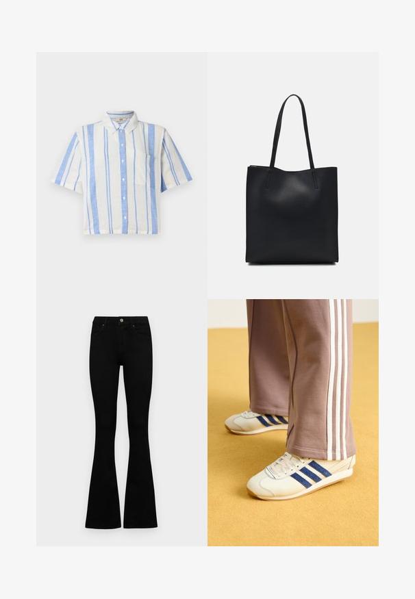 Short-sleeve button-up shirt in white with blue vertical stripes. Features a collar and a chest pocket, made from a lightweight fabric.; Black high-waist jeans with a button and zip closure, front pockets, and flared legs laid flat on a white background.; Cream sneakers with blue suede stripes, white laces, and a rubber sole. Paired with gray sweatpants featuring white side stripes.; Black leather tote bag with smooth texture, rectangular shape, and two long handles. No visible hardware or embellishments.
