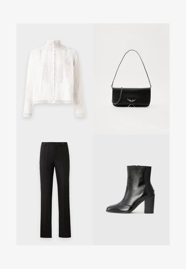 White blouse with high neck, long sleeves, vertical pleats, lace accents, and button closure down the front. Lightweight fabric with semi-sheer texture.; Black tailored trousers with a straight leg, two front pockets, a button closure, and pleat detailing on the front. Smooth fabric texture.; Black leather ankle boot with a smooth texture, pointed toe, and a chunky high heel. Features a side opening and minimalistic design.; Black leather handbag with a silver chain strap, featuring decorative wing accents and white stitching along the bottom seam.