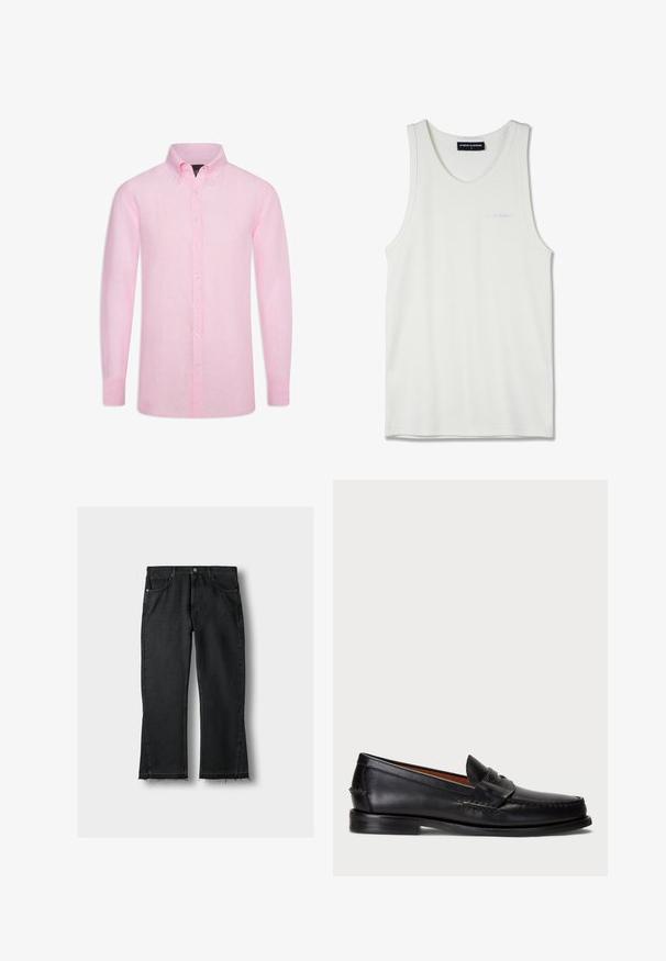 Lange mouwen knoop-overhemd van lichtroze linnen, met een klassieke kraag en parelachtige knopen, met een gladde, lichtjes gestructureerde afwerking.; Witte katoenen tanktop met een ronde halslijn en smalle schouderbandjes. Bevat een subtiele geborduurde logo in lichtblauw op de borst.; Zwarte denim jeans met een rechte pijp, voorzien van een rafelige zoom, vijf zakken en details van metallic hardware. Klassiek ontwerp en stevige textuur.; Zwarte leren instapper met een ronde neus, gestikte details en een decoratieve band aan de voorkant. Platte zool met een minimaal profiel.