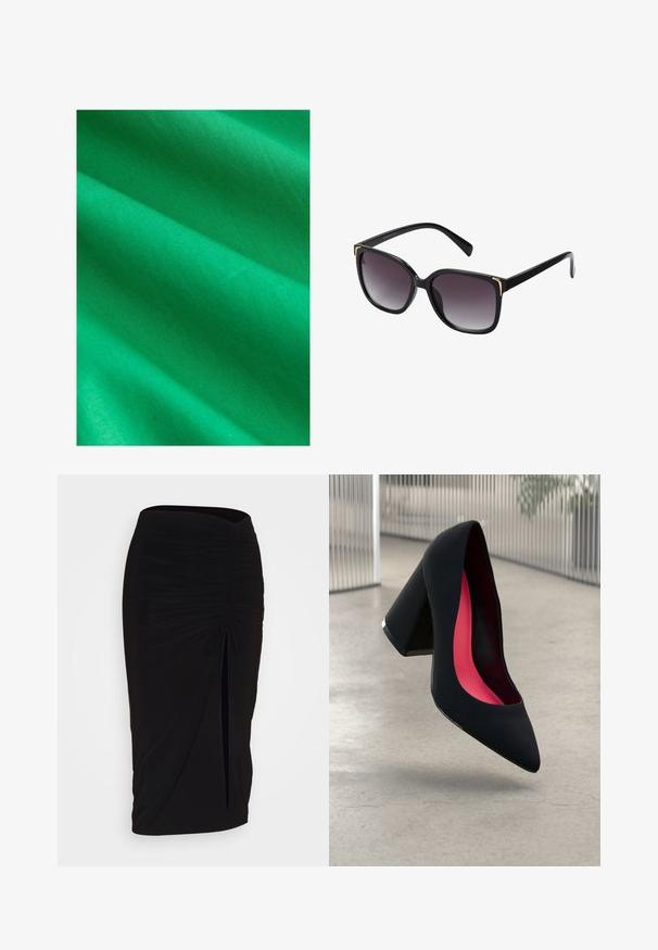 Svijetlozelena tkanina glatke teksture, s mekanim naborima i suptilnim sjajem, koja prikazuje uniformnu boju bez uzoraka ili akcenta.; Crna, nabrana suknja olovka s detaljem vezanja i bočnim prorezom. Izrađena od rastezljivog materijala, s glatkom teksturom i prilagođenim dizajnom.; Crna visoka potpetica s oštrim vrhom, teksturiranom površinom i živopisnom ružičastom unutrašnjošću. Ima masivnu potpeticu s srebrnim detaljem.; Crne sunčane naočale s gradijentnim sivim staklima, preveliki kvadratni okviri s zlatnim detaljima na uglovima i elegantne crne nosive strane.