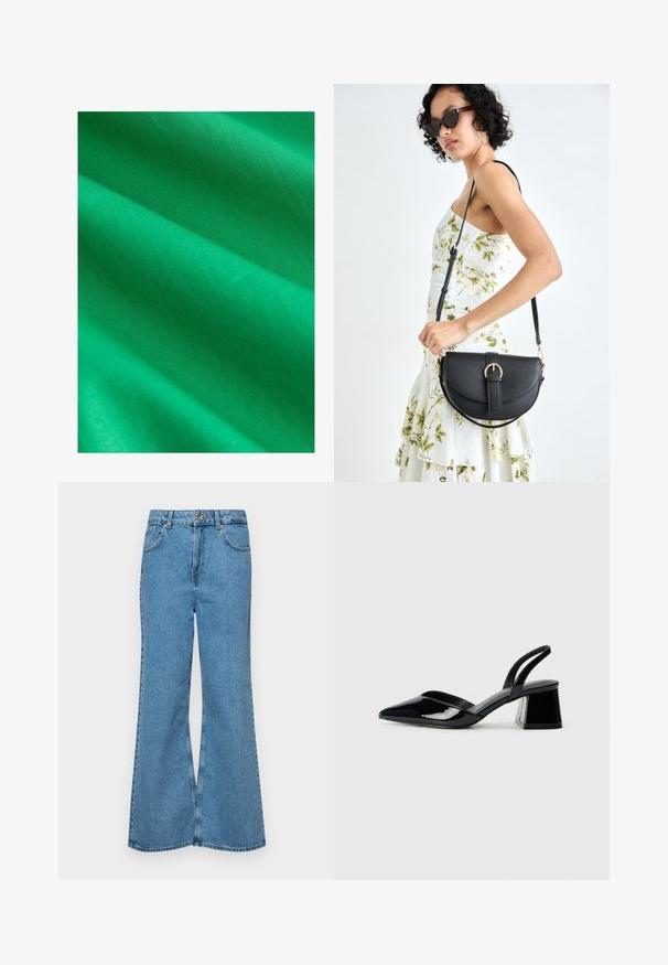 Tejido verde brillante con una textura suave, que presenta caídas suaves y un sutil brillo, mostrando un color uniforme sin patrones ni acentos.; Jeans acampanados de color azul claro hechos de denim, con una cintura alta, cinco bolsillos y un cierre de botón. Textura suave con acabado desgastado.; Zapatos de tacón slingback de charol negro con punta afilada y tacón geométrico en bloque. Presentan un diseño elegante y minimalista, así como una textura suave.; Bolso de piel negra con forma curva, correa desmontable y herrajes dorados. El bolso cuenta con una solapa con un detalle de hebilla.