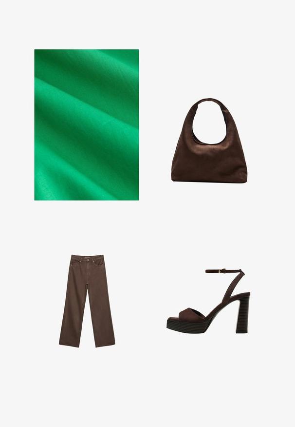 Felgroene stof met een gladde textuur, met zachte plooien en een subtiele glans, die een uniforme kleur zonder patronen of accenten toont.; Brede bruine spijkerbroek van denim, met een hoge taille, voorzakken en een klassieke knoopsluiting. Soepele textuur met subtiele stiksels.; Bruine suède high-heeled sandaal met een open teen, verstelbare enkelband en een gestreepte plateauzool.; Zachte bruine hobo-stijl handtas met een enkele brede schouderband en een gebogen opening aan de bovenkant, weergegeven op een witte achtergrond.