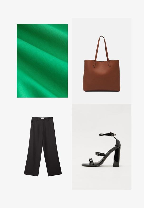 Lys grøn stof med en glat tekstur, der har bløde fald og en subtil glans, som fremviser en ensartet farve uden mønstre eller accenter.; Sorte bukser med vidde, lavet af glat stof, med en frontlynlås og to sidelommer, i en skræddersyet pasform og minimalistisk design.; Sorte patenterede hælsandaler med firkantet tå, ankelremme og sølvspænder. Har en chunky blokHæl for stabilitet.; Brun læder tote taske med en glat overflade, åben topdesign og to skulderremme. Har minimal syning og ingen synlig hardware.