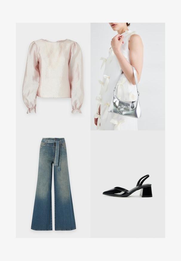 Rövid ujjú blúz csillogó világos rózsaszín anyagból, kerek nyakkal, puffos ujjakkal és megkötős ráncolt mandzsettákkal.; Bőszárú farmernadrág, világos és sötétkék árnyalatokkal, magas derekú, övgyűrűkkel és a nadrággal megegyező anyagú övvel. Textúrált farmer kivitel.; Fekete lakk bőr szandálkés magas sarkú cipő, hegyes orral és geometrikus tömbsarkakkal. Karcsú, minimalista dizájn és sima textúra jellemzi.; Ezüst fémes kézitáska, struktúrált formával, felső fogantyúval és masnis részlettel az elején. Simaságával és fényes felületével tűnik ki.