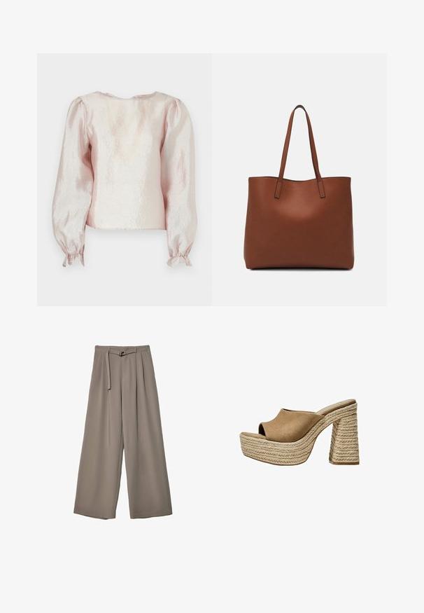 Lyhythihainen paita säihkeästä vaaleanpunaisesta kankaasta, jossa on pyöreä pääntie, puffihihat ja kootut hihansuut nauhoilla.; Suurille lahkeille housuille pehmeässä, hillityssä harmaassa kankaassa, jossa on vyötäröllä vyö ja lisää muotoilun yksityiskohtia kuploissa. Sileä rakenne, ei kuvioita.; Ruskeat mokka-plattformit mulesit avoimella varpaalla, joissa on paksu punottu juutti-korko ja sileä, pyöristetty yläosa.; Ruskea nahkainen olkalaukku, jossa on sileä pinta, avoin yläosa ja kaksi olkahihnaa. Omaavat vain minimaalisen ompelun eikä näkyvää metalliosaa.