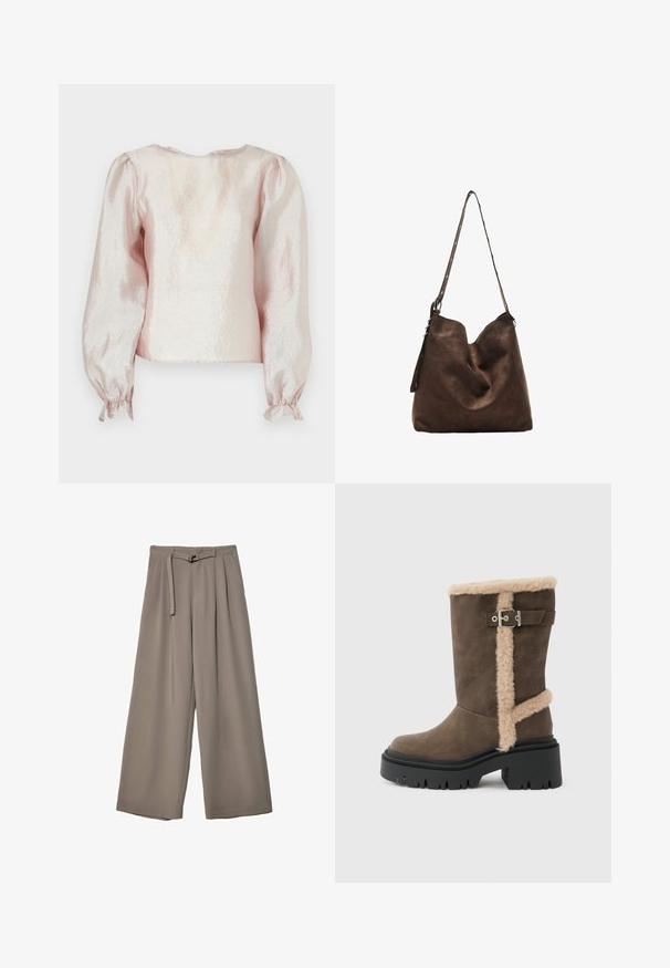 Kratka majica s kratkimi rokavi v bleščečem svetlo roza materialu, z okroglo izrezom, naborki na rokavih in z nabranimi manšetami s trakovi.; Široke hlače iz mehke, umirjene sive tkanine, z pasom, ki ga je mogoče zavezati, in z gubami za dodatne oblikovne podrobnosti. Gladka tekstura, brez vzorcev.; Rjava semiš čevlji do gležnjev z bež krznenim robom, okrašeni s srebrno sponko in robustnim črnim podplatom z debelim profilom.; Rjava semišasta hobo torba s ukrivljenim vrhom, dolgim trakcem z dot akcenti in mehko teksturo. Ima sproščen videz za vsakdanje uporabo.