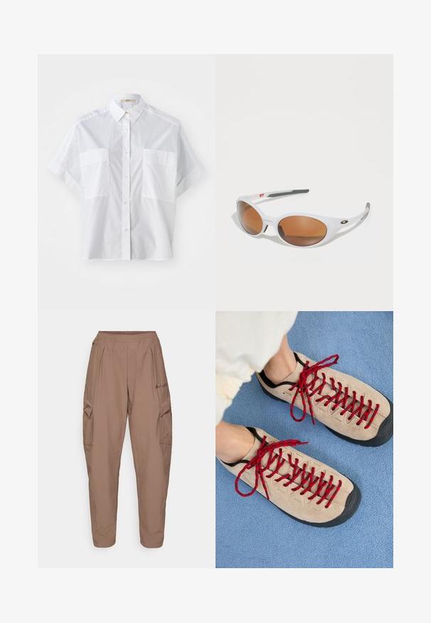 White short-sleeve shirt made of lightweight fabric, featuring a button-down collar and two chest pockets. Smooth texture with a tailored fit.; Brown cargo pants with an elastic waistband, two side pockets, and a textured fabric. Features logo embroidery on the front.; Beige shoes with red laces, positioned on a blue textured surface, partially reveal a person's ankle. The shoes have a sporty design.; White sunglasses with brown lenses, oval shape, made of smooth plastic, featuring gray accents on the arms and a logo on the frame.