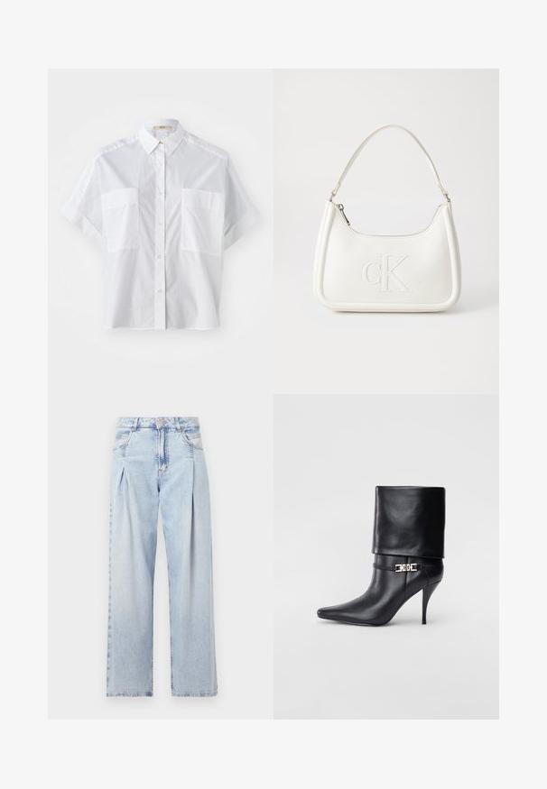 Camicia bianca a maniche corte realizzata in tessuto leggero, con colletto button-down e due tasche sul petto. Texture liscia e vestibilità aderente.; Jeans in denim azzurro chiaro con vita alta, taglio a gamba larga, due tasche laterali e design plissettato. Texture morbida con una finitura sbiadita.; Stivale ankle in pelle nera con punta affusolata, alto tacco a stiletto, risvolto sulla caviglia e un elegante dettaglio in oro con fibbia decorativa.; Borsa a tracolla in pelle bianca con forma curva, dotata di un logo "CK" impresso sul davanti e una singola tracolla. Chiusura a zip nella parte superiore.