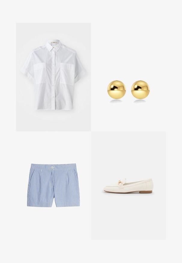 White short-sleeve shirt made of lightweight fabric, featuring a button-down collar and two chest pockets. Smooth texture with a tailored fit.; Blue and white striped shorts featuring a button closure, pleats, and a smooth fabric texture. Short length cut with side pockets.; White leather loafers with a flat sole, featuring a gold-tone buckle detail and a smooth finish. Classic design with simple lines.; Gold-colored spherical earrings with a shiny, reflective surface. The design is simple and smooth, creating a modern, minimal look.