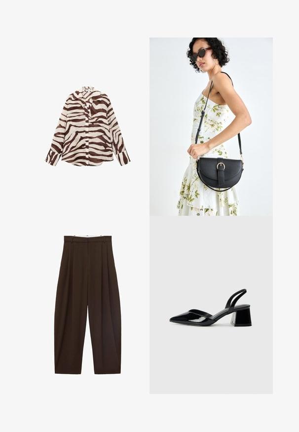 Chemise à rayures brunes et crème, avec une coupe décontractée, des manches longues, un col et une fermeture à boutons. Fabriquée en tissu léger et texturé.; Pantalons taille haute marron avec des plis, fabriqués en tissu lisse. Coupe ample, design droit, avec passants de ceinture et fermeture éclair.; Escarpins en cuir verni noir avec bout pointu et talon bloc géométrique. Présente un design élégant et minimaliste ainsi qu'une texture lisse.; Sac à main en cuir noir avec une forme courbée, bandoulière amovible et des accessoires en or. Le sac est doté d'un rabat avec un détail de boucle.