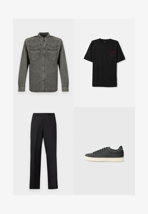 Long-sleeve black washed denim shirt with button front and flap chest pockets, displayed against a white background.; Black cotton t-shirt with short sleeves, featuring a red embroidered heart design on the left chest. Classic crew neckline, relaxed fit.; Black, straight-leg trousers made of smooth fabric. Features a standard waistband and no visible patterns or accents.; Black leather sneaker with a low profile, rounded toe, and lace-up closure; features a textured rubber sole and logo detail on the heel.