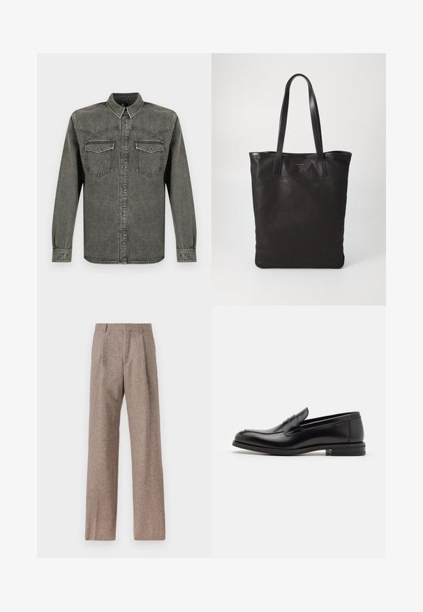 Czarna koszula z długim rękawem z przetartego denimu, z przodem na guziki i klapowanymi kieszeniami na piersi, prezentowana na białym tle.; Brązowe, wysokiej talii spodnie wykonane z teksturowanej tkaniny. Posiadają szerokie nogawki i dwa przednie zakładki dla lepszej struktury. Starannie wykończone, bez widocznych elementów metalowych.; Czarne skórzane mokasyny o gładkiej fakturze, zaokrąglonym nosku i dekoracyjnym pasku na przodzie. Niski, warstwowy obcas, minimalistyczny design.; Czarna torba na ramię z czarnymi skórzanymi uchwytami. Prosty design, pojemne wnętrze i gładka faktura. Bez widocznych logo ani wzorów.