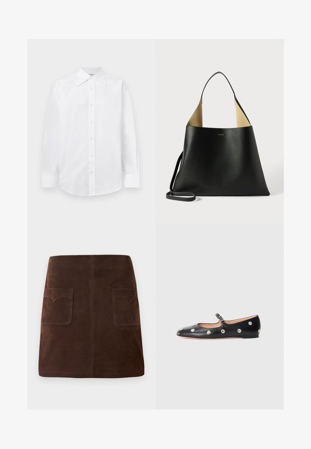 Valkoinen istuva paita, jossa on pitkät hihat, klassinen kärjellinen kaulus ja nappi etulokero. Valmistettu sileästä, kevyestä kankaasta.; Ruskea mokkanahkainen hame, jossa on klassinen A-linjainen malli, kaksi etutaskua pyöreillä läpillä ja hienovaraisia ommeltyöstöjä.; Musta nahkainen Mary Jane -tyylinen tasapohjakenkä, jossa on pyöreä varvas. Kenkässä on hopeisia pyöreitä niittejä ja säätöremmi, jossa on solki.; Musta nahkainen laukku, jossa on avara ja kulmikas muotoilu. Sisältää kontrastivärisen vaaleanruskean sisäpuolen ja ohuen olkahihnan. Minimalistinen brändäys on esillä.
