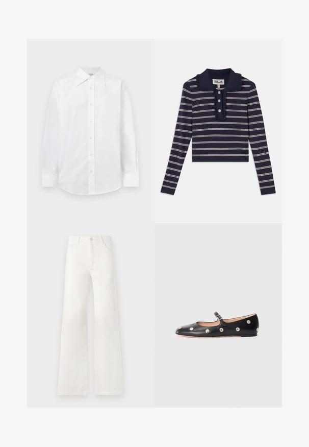 Valkoinen istuva paita, jossa on pitkät hihat, klassinen kärjellinen kaulus ja nappi etulokero. Valmistettu sileästä, kevyestä kankaasta.; Laivastonsininen pitkähihaisempi paita, jossa on vaaleanpunaisia vaakaraitoja, röyhelökaulus ja etupuolella kolme napinläpeä; valmistettu pehmeästä ja joustavasta materiaalista.; Valkoiset, korkeavyötäröiset ja leveälahkeiset farkut, jotka on valmistettu denimkankaasta. Ominaisuuksiin kuuluu napp closure, kaksi etutaskua ja sivusaumojen ompeluyksityiskohdat.; Musta nahkainen Mary Jane -tyylinen tasapohjakenkä, jossa on pyöreä varvas. Kenkässä on hopeisia pyöreitä niittejä ja säätöremmi, jossa on solki.