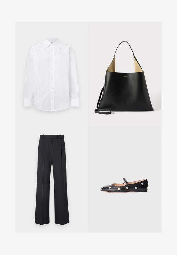 Witte getailleerde blouse met lange mouwen, een klassieke puntige kraag en knoopsluiting aan de voorkant. Gemaakt van een soepele, lichte stof.; Donkerblauwe pinstriped broek met een hoge taille, wijde pijpen en zonder zichtbare hardware of versieringen. Glad textuur en nauwkeurige pasvorm.; Zwarte leren Mary Jane ballerina met een ronde neus, voorzien van zilveren ronde studs en een verstelbaar bandje met een gesp.; Zwarte leren handtas met een ruime, hoekige vormgeving. Voorzien van een contrasterende tan binnenkant en een dunne schouderband. Minimalistische branding weergegeven.