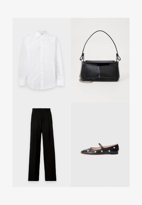 White fitted shirt with long sleeves, a classic pointed collar, and button front closure. Made of smooth, lightweight fabric.; Black wide-leg trousers made of smooth fabric, featuring a high waist, front pleats, and a clean, tailored design without embellishments.; Black leather Mary Jane flat shoe with a rounded toe, featuring silver circular studs and an adjustable strap with a buckle.; Black patent leather handbag with a rectangular shape, chain strap, and a distinctive hardware accent in the center. Smooth texture.