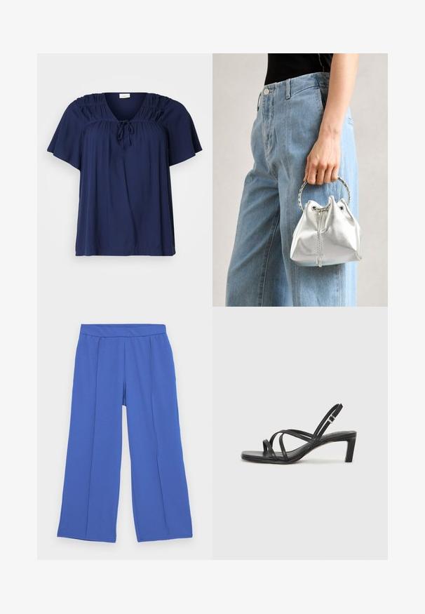 Sötétkék, rövid ujjú top, puha anyagból, vállain redők részletezéssel és a nyakrészen megkötővel, amely lehetővé teszi a változtatható illeszkedést.; Széles lábú nadrág puha, rugalmas anyagból élénk kék színben. Jellemzője a lapos derékpánt és két elülső redő, amely további dizájn részletet ad.; Fekete pántos szandál négyzetes orral és alacsony blokk sarkal. Több vékony pánttal és állítható boka pánttal rendelkezik. Sima bőrből készült.; Fémes ezüst színű vödör táska, texturált felülettel, ezüst kerek füllel és húzózárral, világoskék farmer mellett tartva.