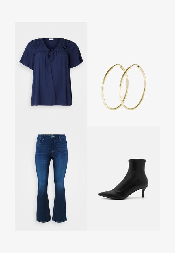 Granatowy top z krótkim rękawem, wykonany z miękkiego materiału, z marszczeniami na ramionach i wiązaniem przy dekolcie, które umożliwia regulację dopasowania.; Ciemnoniebieskie dżinsy w kant, wykonane z denimu, z pięcioma kieszeniami, ze zapięciem na zamek i guzik oraz kontrastowym przeszyciem wzdłuż szwów.; Czarne botki za kostkę wykonane z gładkiej skóry, z klapką w kształcie spiczastym i krótkim, cienkim obcasem. Posiadają bezszwowy design i subtelne akcenty w postaci przeszyć.; Złote kolczyki w formie obręczy z gładkim, zaokrąglonym wzornictwem o błyszczącym wykończeniu. Lekka konstrukcja z bezpiecznym zapięciem.