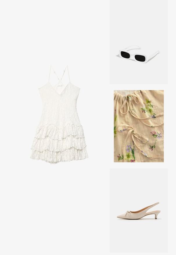 Beige fabric top with floral print in purple and green. Features gathered neckline with ties and subtle textured stripes. Lightweight and soft.; White sleeveless lace dress with V-neck, adjustable thin straps, and layered ruffle skirt detail.; Beige patent leather slingback heels with a pointed toe and a decorative bow on the vamp. Includes a low, slender heel and smooth texture.; White rectangular sunglasses with black lenses, featuring a matte finish and smooth texture. The arms are sleek and slightly curved.; White leather handbag featuring a curved shape, adjustable strap, and top zipper closure. Smooth texture with minimal hardware details.