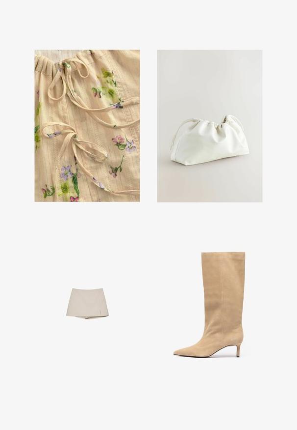 Bežani materijal s cvjetnim uzorkom u ljubičastoj i zelenoj boji. Sadrži naborani dekolte s trakama i suptilne teksturirane pruge. Lagana i nježna na dodir.; Bež ženski šort sa blagim prednjim prorezom i pričvršćenim šortsem ispod, prikazan na bijeloj pozadini.; Bež zamšaste čizme do koljena s šiljastim vrhom i uskim potplatom. Ima vertikalne šavove duž rukava za dodatne detalje.; Bijela torba od umjetne kože s nabranim dizajnom, zatvaranjem na vezicu i glatkom teksturom. Kružni oblik s mekanim naborima i minimalnim hardverom.