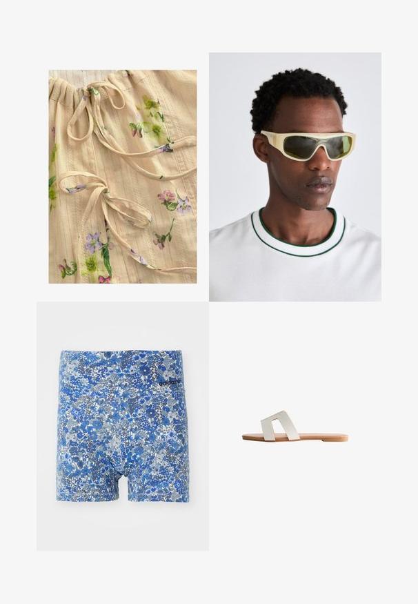 Beige fabric top with floral print in purple and green. Features gathered neckline with ties and subtle textured stripes. Lightweight and soft.; Blue floral print boxer shorts with a blend of shades, featuring a fitted design and an Adidas logo in black on the waistband.; White leather slide sandal with an open toe, featuring a wide strap and a minimalistic design. Natural-colored flat sole.; Sunglasses with a translucent yellow frame and green-tinted lenses. Angular design with wide temples, worn with a white shirt featuring green accents.; White faux leather bag with a gathered design, drawstring closure, and smooth texture. Curved shape with soft folds and minimal hardware.
