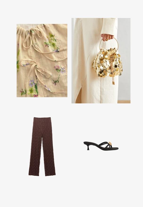 Bežani materijal s cvjetnim uzorkom u ljubičastoj i zelenoj boji. Sadrži naborani dekolte s trakama i suptilne teksturirane pruge. Lagana i nježna na dodir.; Smeđe hlače s teksturom, naboranom površinom, širokim nogavicama i elastičnom strukom. Tkanina izgleda mekano i blago rastezljivo.; Crne klizne sandale s tankim, ukriženim trakama. Imaju mali, suženi potplat i zlatni naglasak na traci. Glatka tekstura.; Zlatna torba na šnalu sa šljokicama i kružnom drškom, koja sadrži sjajne okrugle šljokice i teksturiranu tkaninu. Dimenzije nisu navedene.