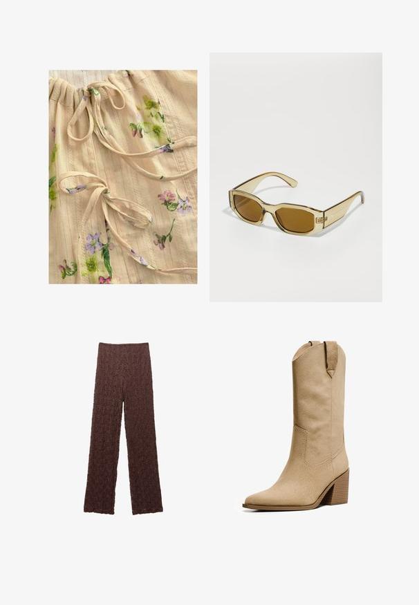 Béžový textilný top s kvetinovým vzorom v fialovej a zelenej farbe. Vlastnosti zahŕňajú riasený výstrih s viazaním a jemné textúrované pruhy. Ľahký a mäkký.; Hnedé textúrované nohavice s pokrčeným povrchom, širokými nohavicami a elastickým pásom. Tkanina sa zdá byť mäkká a mierne elastická.; Bershka HIGH-HEEL - Kovbojské/motorkárske čižmy - beige; Priehľadné jantárové slnečné okuliare s obdĺžnikovými šošovkami, hrubými ramenami a lesklým povrchom, s decentným logom na boku.; Zlatá flitrová kabelka s obdĺžnikovým tvarom, hladkým povrchom a tenkým popruhom. Flitre vytvárajú reflexný povrch, čo zlepšuje jej vzhľad.