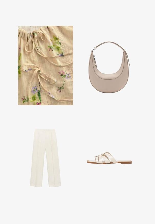 Bežový látkový top s květinovým potiskem v purpurové a zelené barvě. Má nařasený výstřih se šňůrkami a jemné texturované pruhy. Lehký a jemný na dotek.; Kalhoty s širokými nohavicemi v světle krémové barvě. Vyrobené z hladké tkaniny s záhyby vpředu a bočními kapsami.; Ploché sandály s hnědou gumovou podrážkou, navržené se třemi překrývajícími se bílými koženými řemínky a malým mašlí uprostřed.; Světle béžová kožená kabelka přes rameno s půlměsíčovým tvarem, hladkým povrchem a jedním zakřiveným uchopem. Obsahuje zipový uzávěr a upravené švy.
