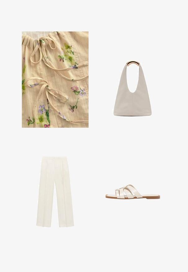 Beige fabric top with floral print in purple and green. Features gathered neckline with ties and subtle textured stripes. Lightweight and soft.; Wide-legged trousers in a light cream color. Made from a smooth fabric with pleats at the front and side pockets.; Flat sandals with a tan rubber sole, designed with three overlapping white leather straps and a small bow detail at the center.; Light gray leather bag with a U-shaped design and a curved metallic handle. Smooth texture with minimal stitching and no visible patterns.